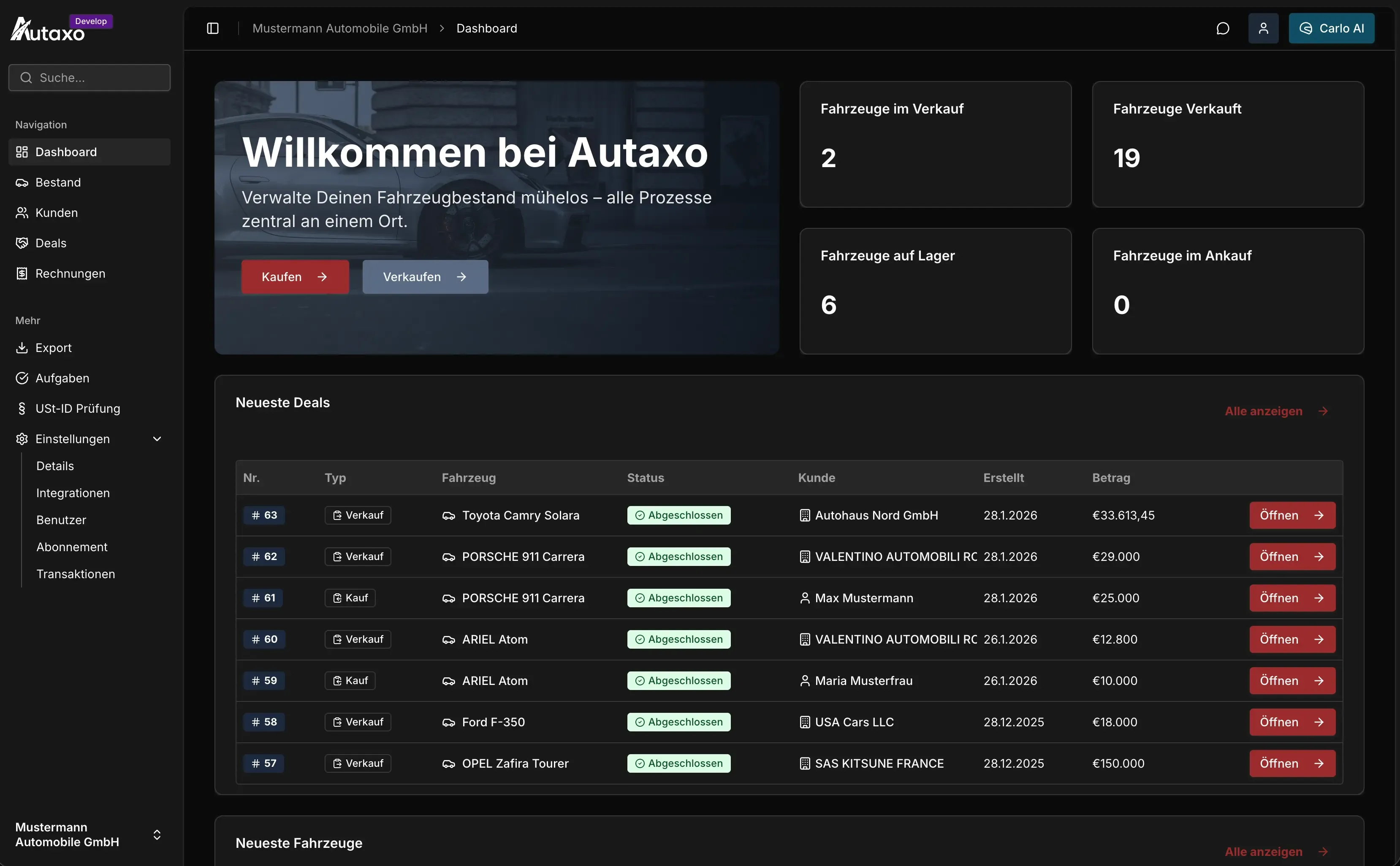 Autaxo Dashboard mit digitaler Fahrzeugakte und Statusübersicht